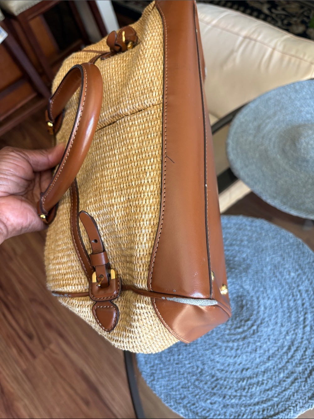 Lauren Ralph Lauren Straw Woven Satchel with Brown Trim - Picture 5 of 5